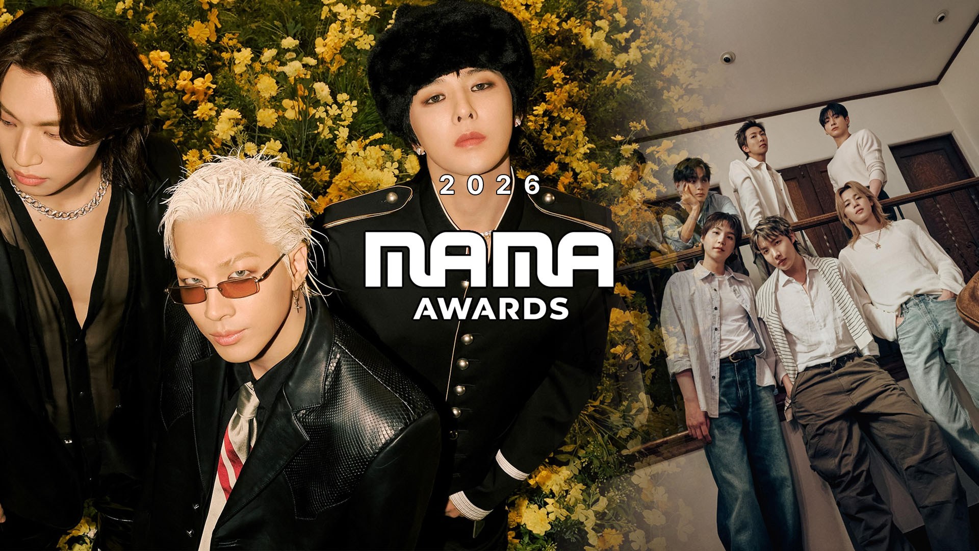 Stylishly dressed music artists pose against a golden floral backdrop with "2026 MAMA AWARDS" text overlay.