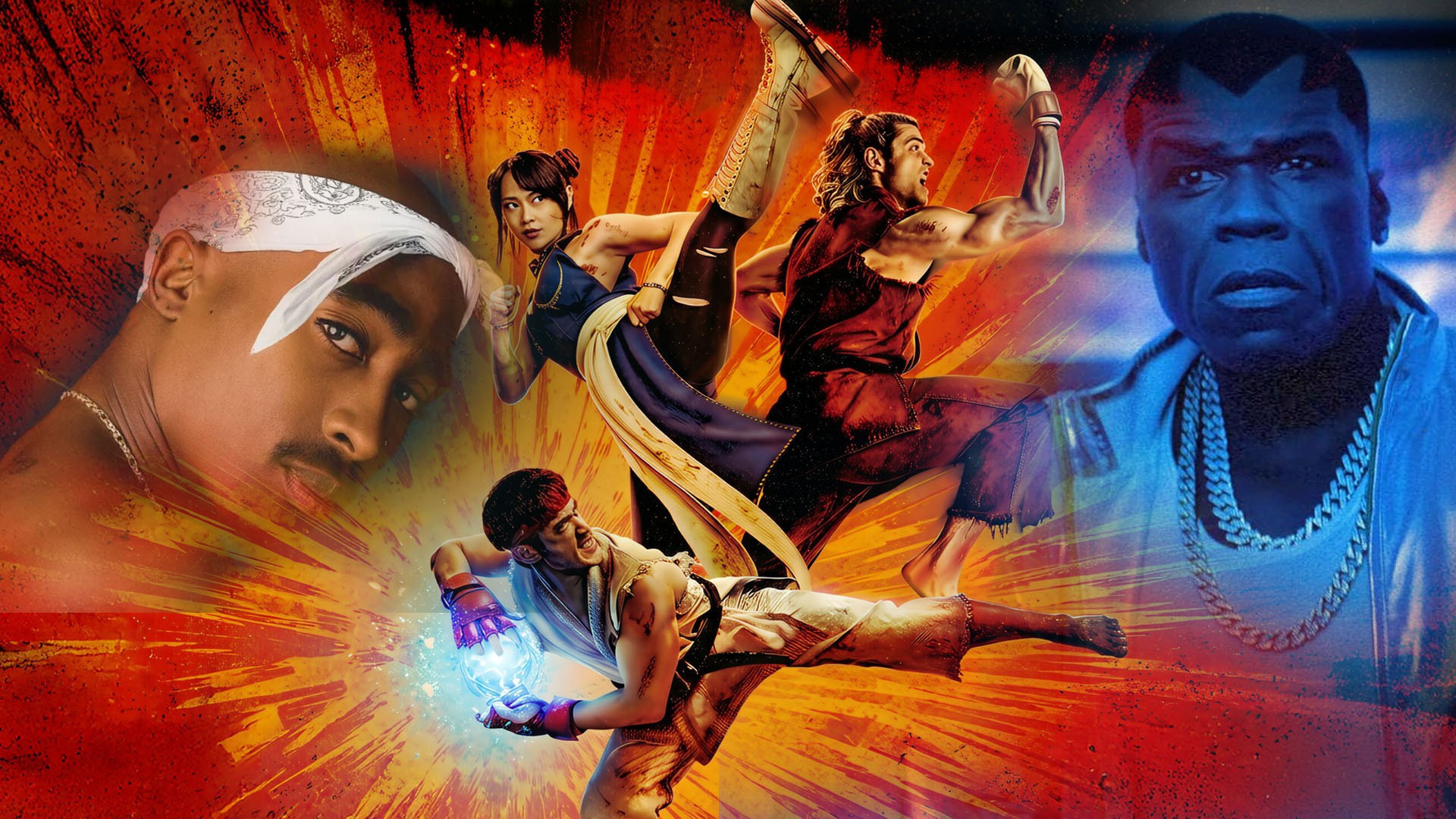Tupac in white headwrap on left, Eminem center with gold chain, Street Fighter characters with glowing energy effects throughout.