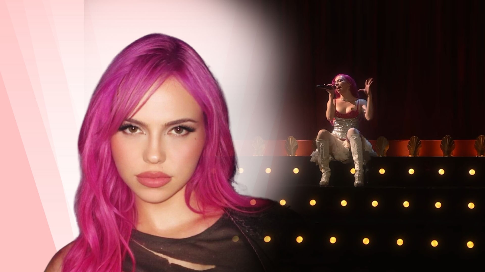 Adéla con el pelo magenta y un top negro de malla, junto a una foto de escenario de una cantante con lentejuelas plateadas y botas blancas.