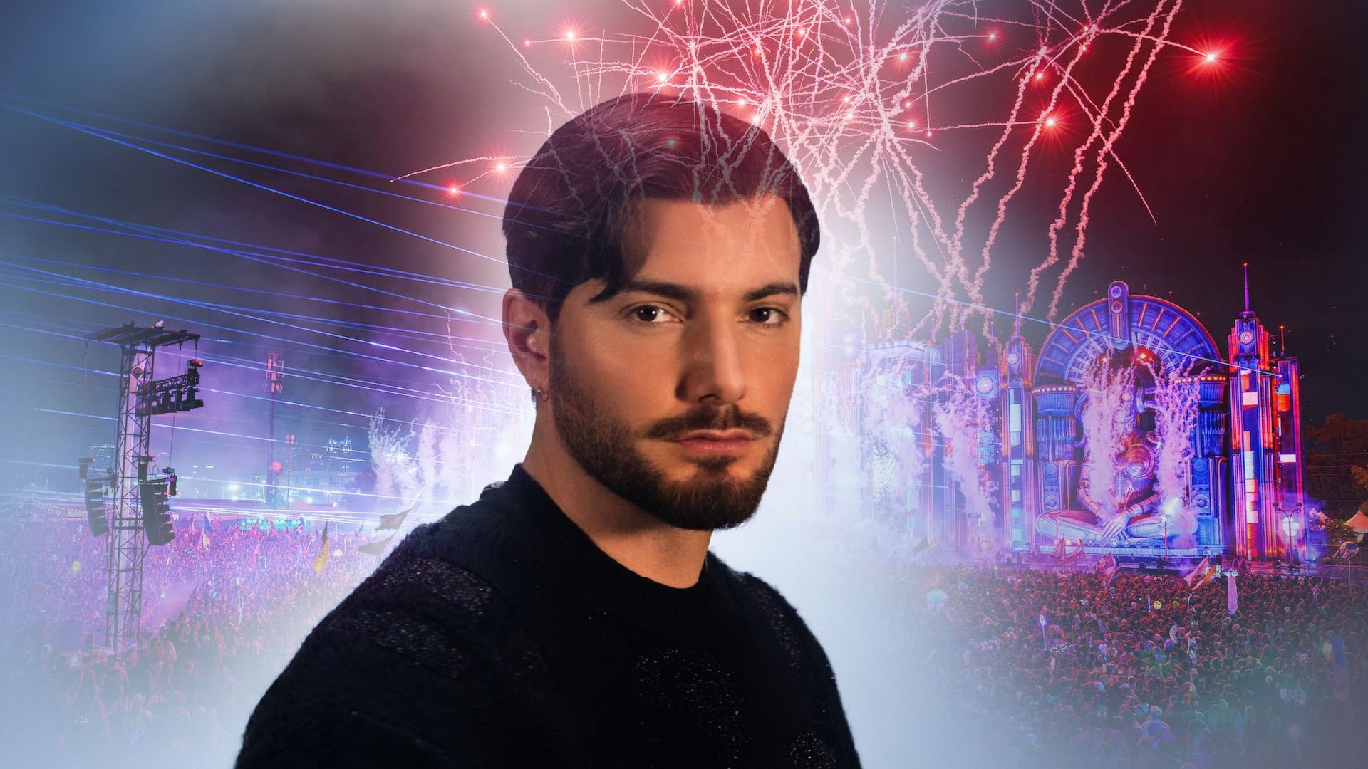 Alesso against a glowing festival stage with purple fireworks and neon lights from an EDC event.
