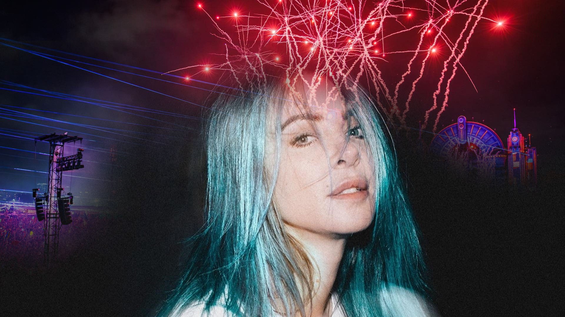 Alison Wonderland with teal hair against vibrant EDC Orlando festival lights and stages.