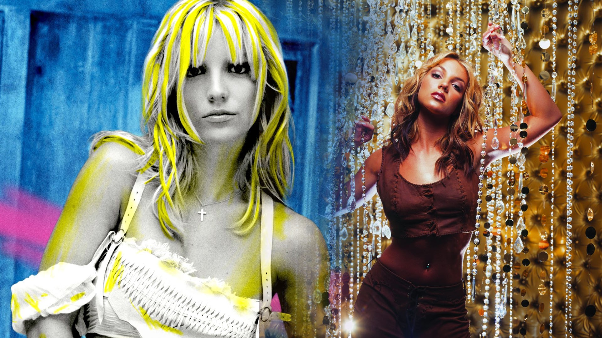 Britney Spears aux cheveux jaunes et haut à sequins sur fond bleu, à côté d'une photo de performance.