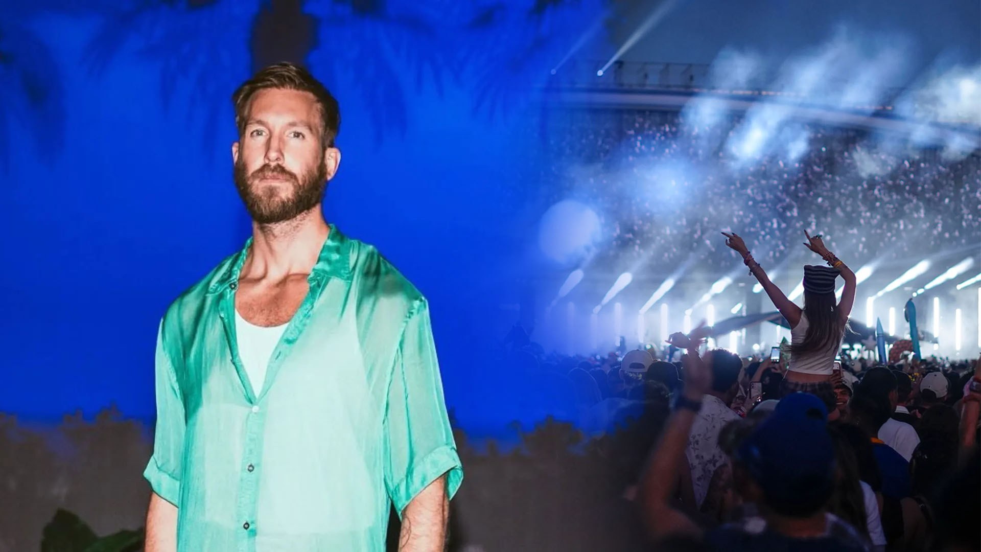 Calvin Harris con una camisa verde en un escenario de festival con el público y luces azules.