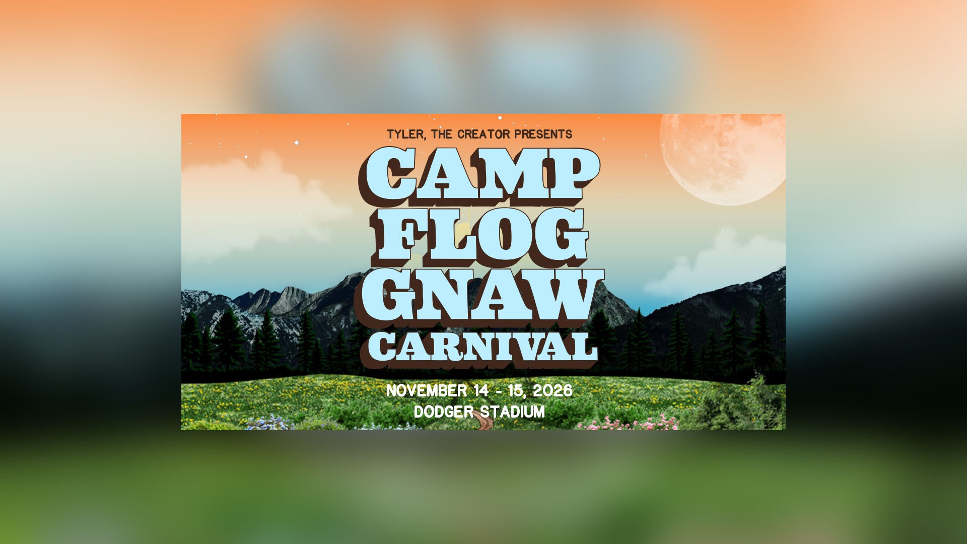 Illustrated poster for Camp Flog Gnaw Carnival: light blue title over a mountain meadow at dusk under a large moon.