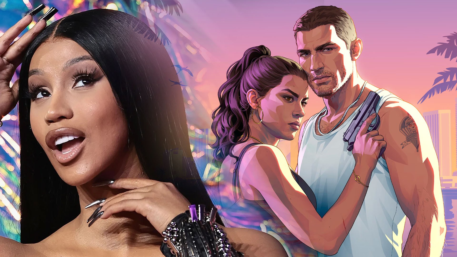 Cardi B aux longs cheveux noirs et aux bagues sourit dans une scène de coucher de soleil à Miami avec des personnages du jeu GTA VI.