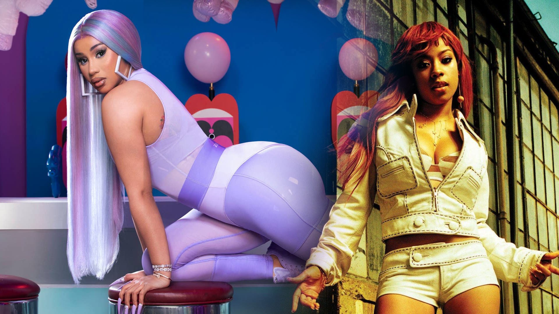 Cardi B con ropa deportiva lavanda y el pelo largo lila está arrodillada sobre un taburete rojo; a su lado, Keyshia Cole, una mujer pelirroja con chaqueta color crema.