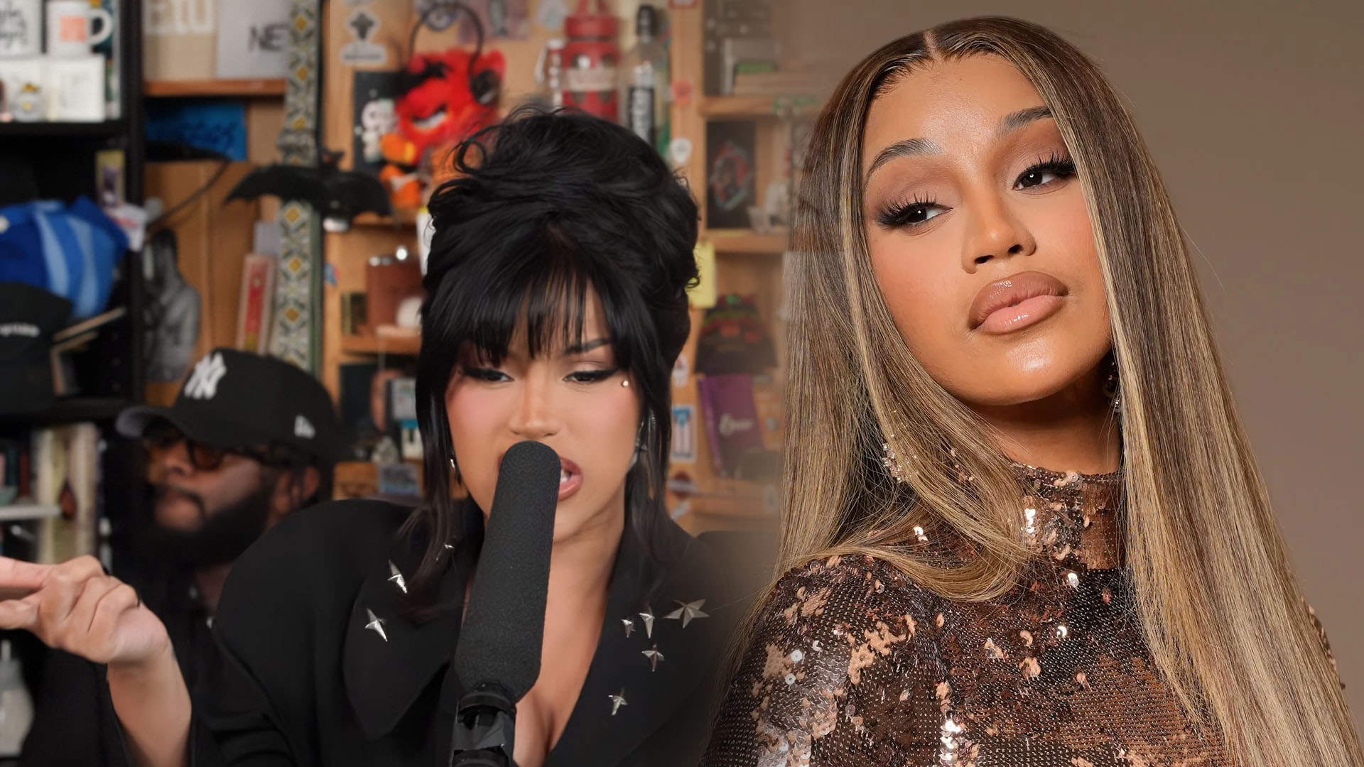 Cardi B, avec un grand bouffant noir et une frange, en blazer noir clouté, chante dans un micro dans une pièce remplie d'objets.