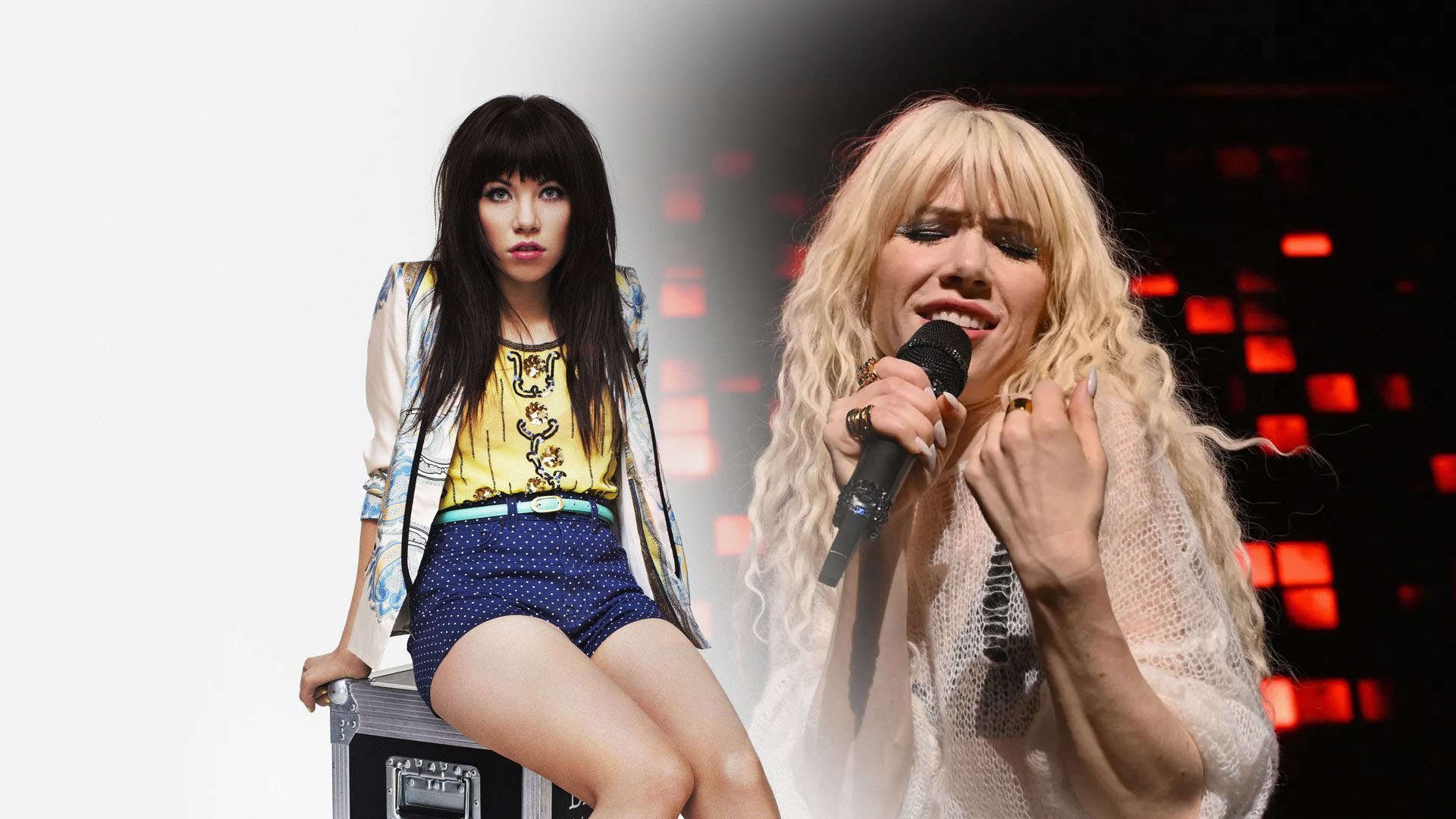 Carly Rae Jepsen actúa en el escenario con un micrófono, lleva una rebeca y tiene el pelo rubio ondulado.