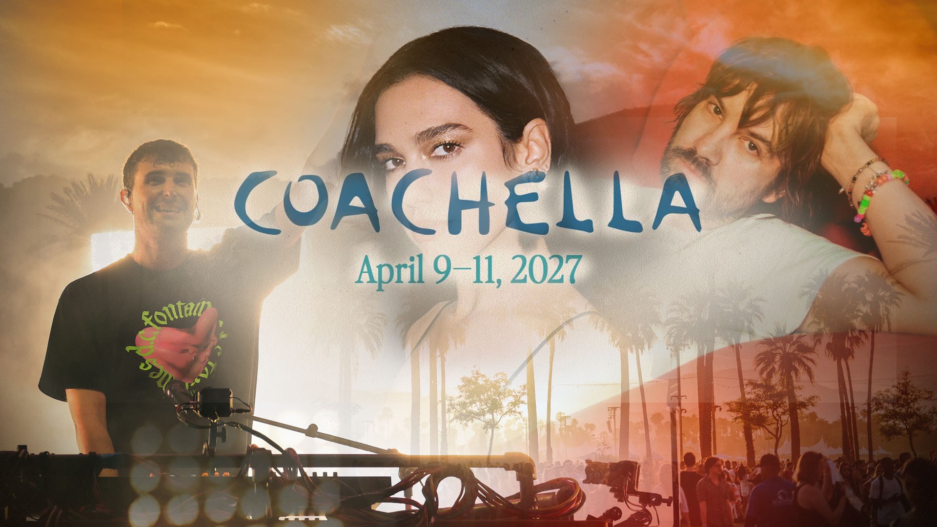 Coachella logo over sunset collage: smiling DJ at a mixing desk, a dark-haired woman, and a long-haired man by palm trees.