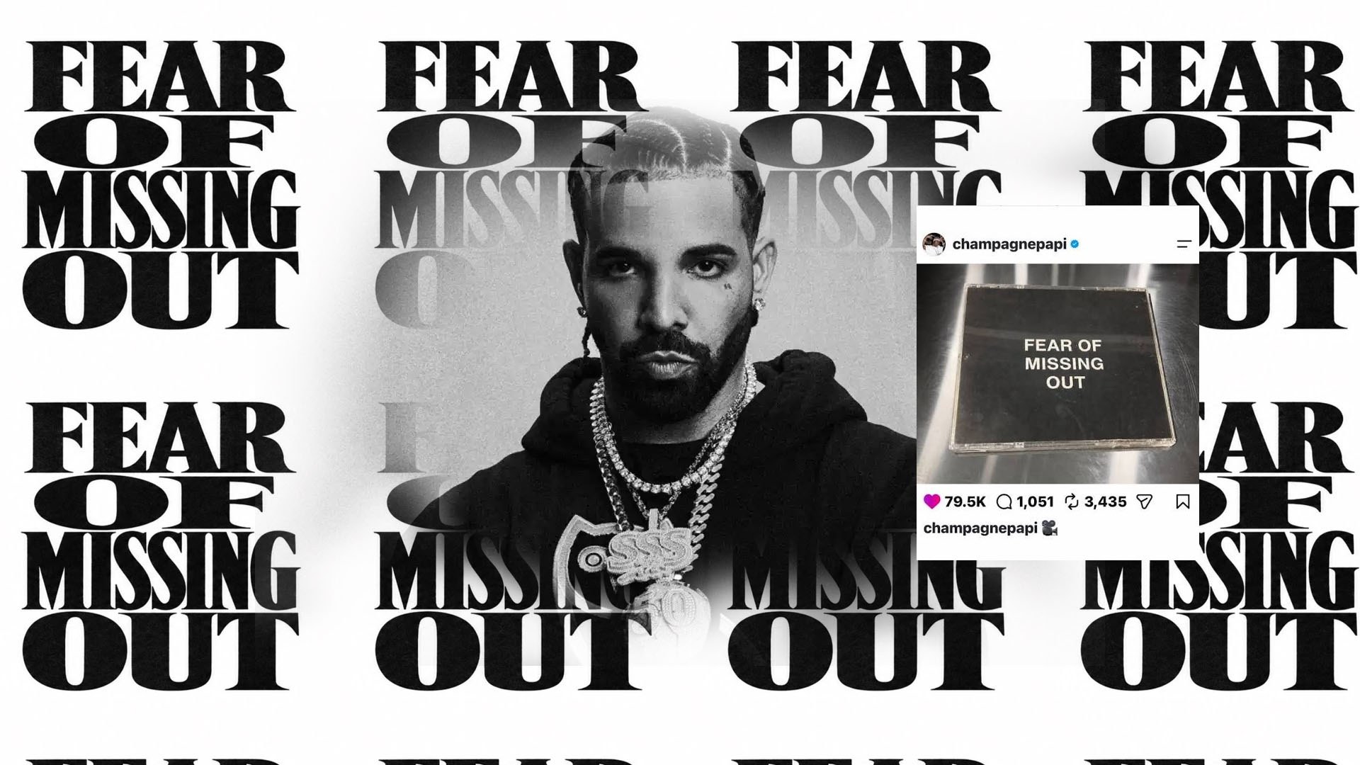 Дрейк в чёрном худи и цепочке, на фоне повторяющегося текста «Fear of Missing Out» и мокапа поста в Instagram.