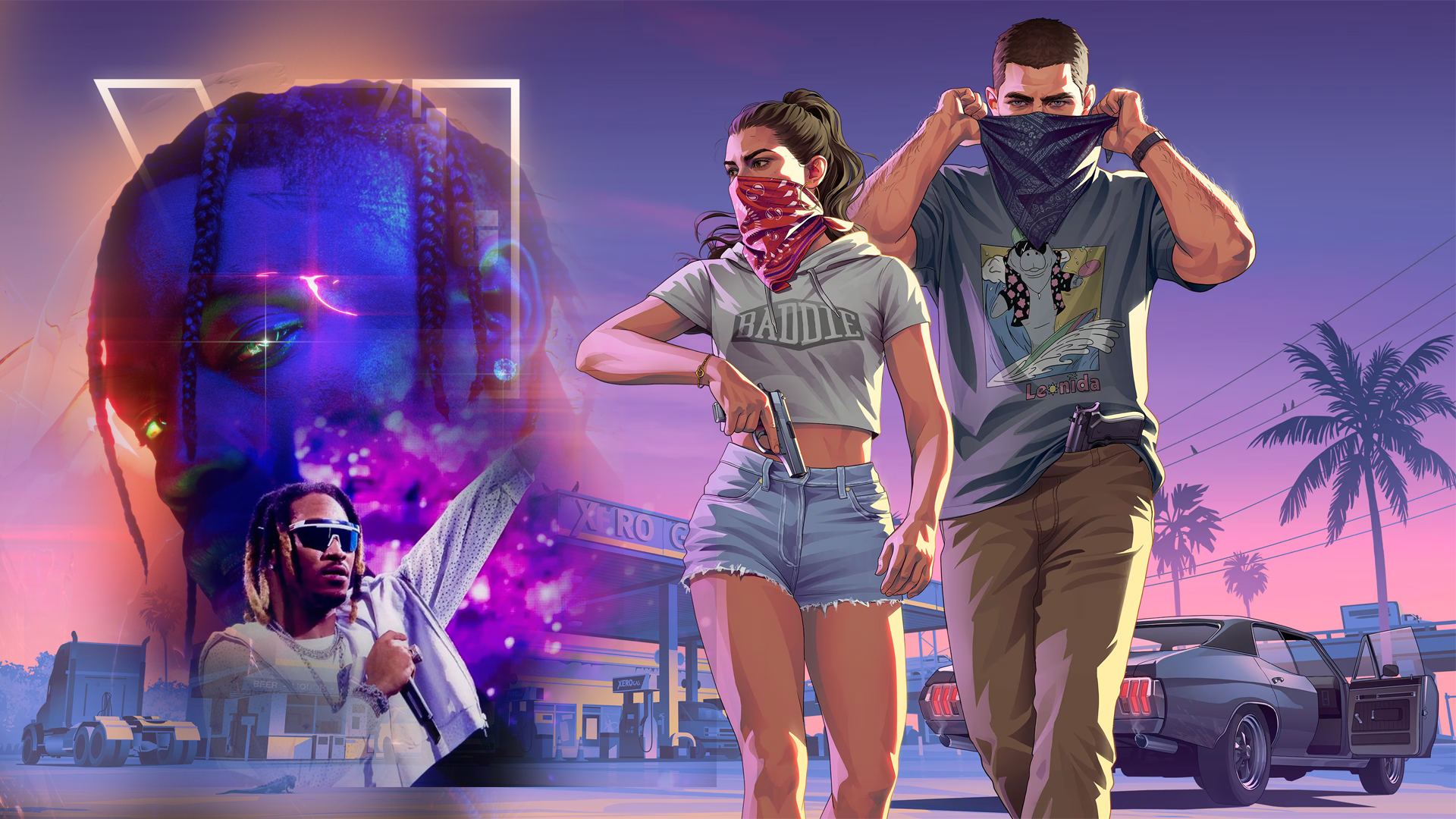 GTA VI key art of protagonists Lucia and Jason masked up at a Vice City gas station at sunset, with Travis Scott and Future composited over the neon skyline behind them