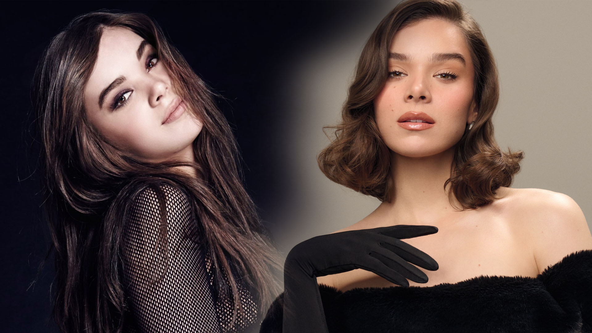Hailee Steinfeld en dos retratos con estilo: a la izquierda con top de malla y cabello largo oscuro, a la derecha con top negro sin hombros.