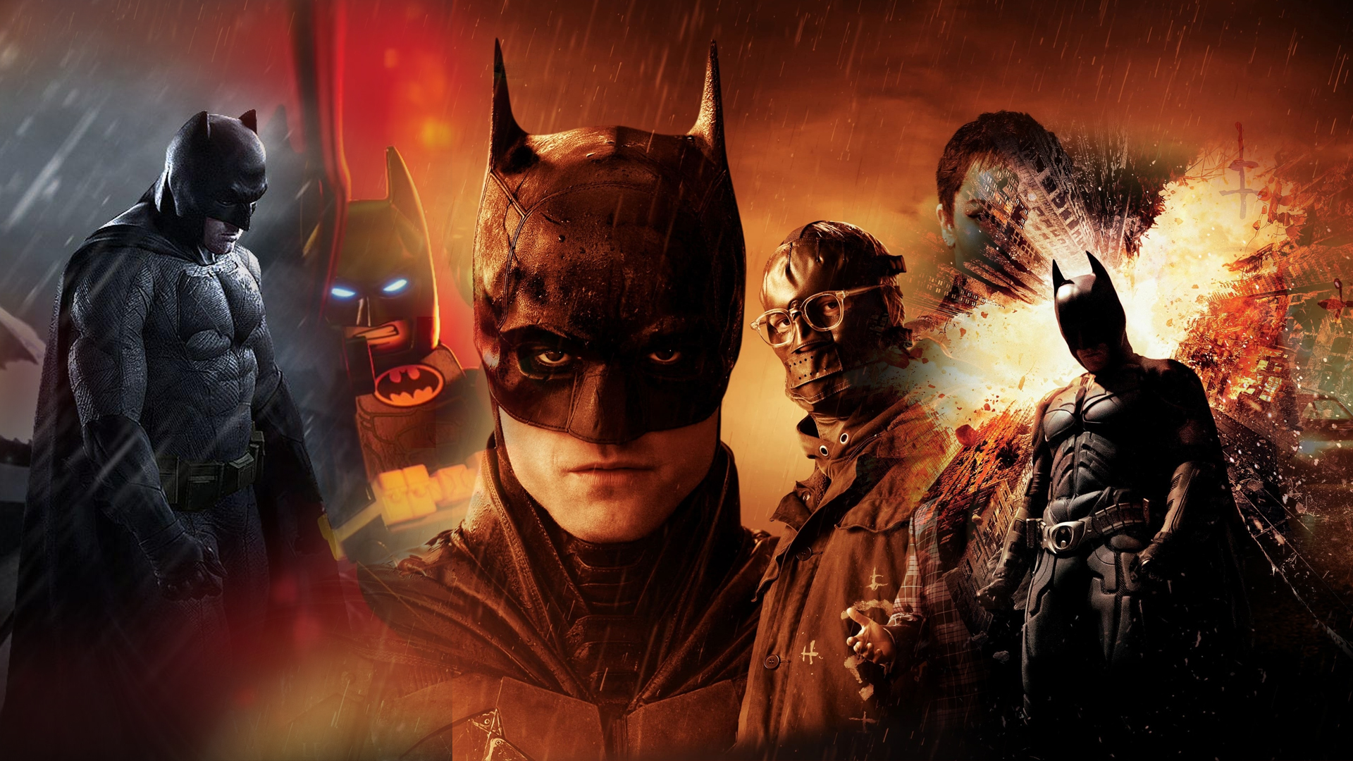 A collage of Batman across the movies: Ben Affleck, The Lego Batman Movie, Robert Pattinson's The Batman, Bane, and Christian Bale's Dark Knight, set against a fiery Gotham skyline