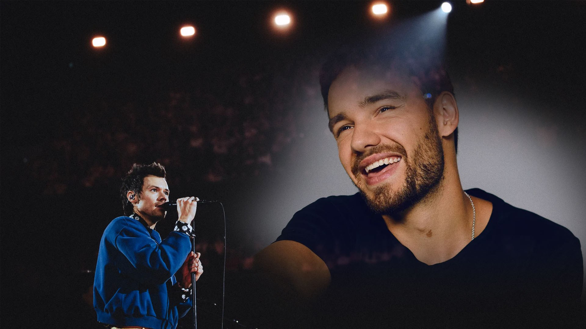 Harry Styles se produit sur une scène sombre, à côté de Liam Payne en t-shirt noir sous un projecteur.