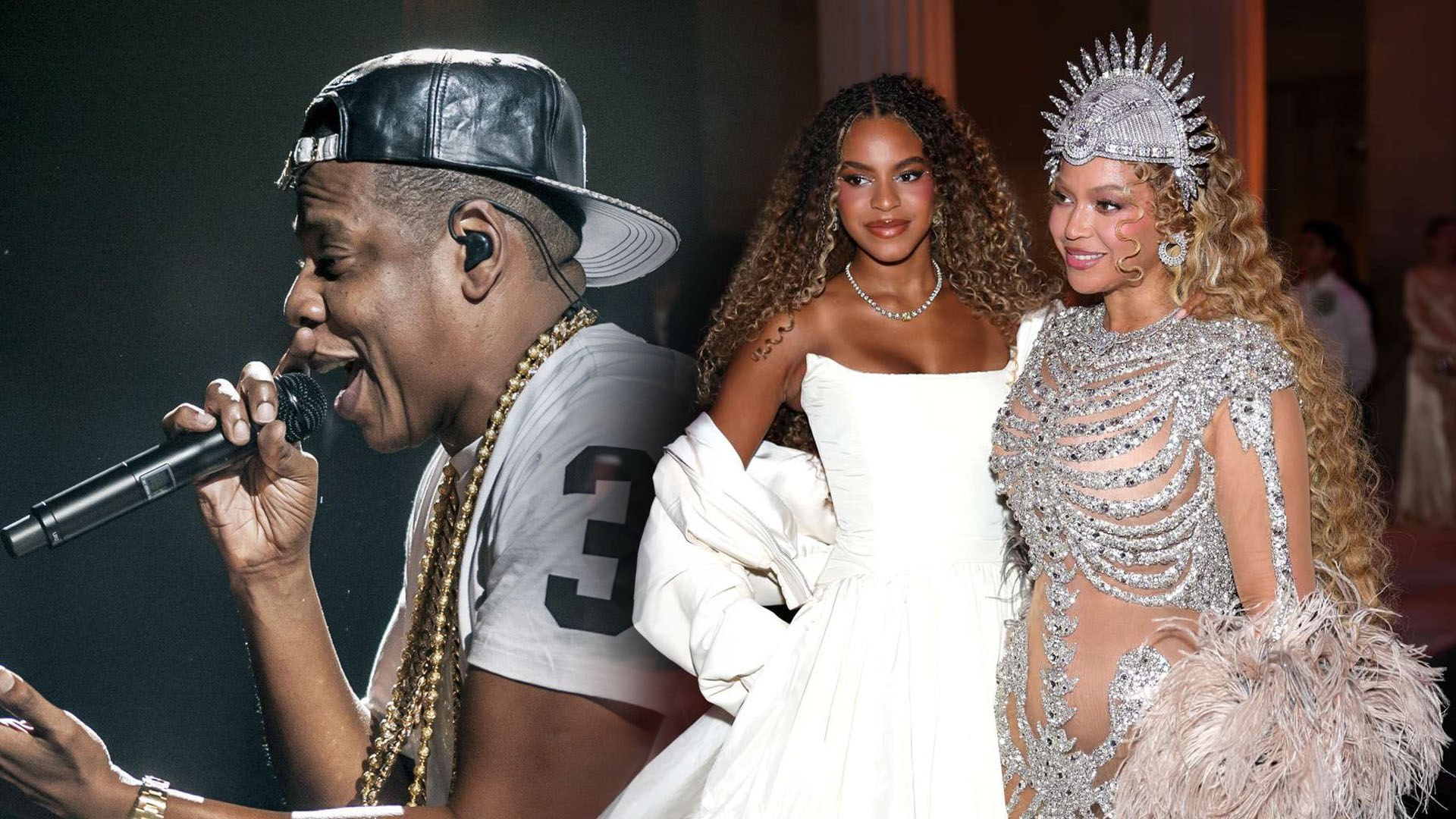 Jay-Z in a black cap and gold chain sings into a mic beside two women in a white gown and a sparkling silver outfit.