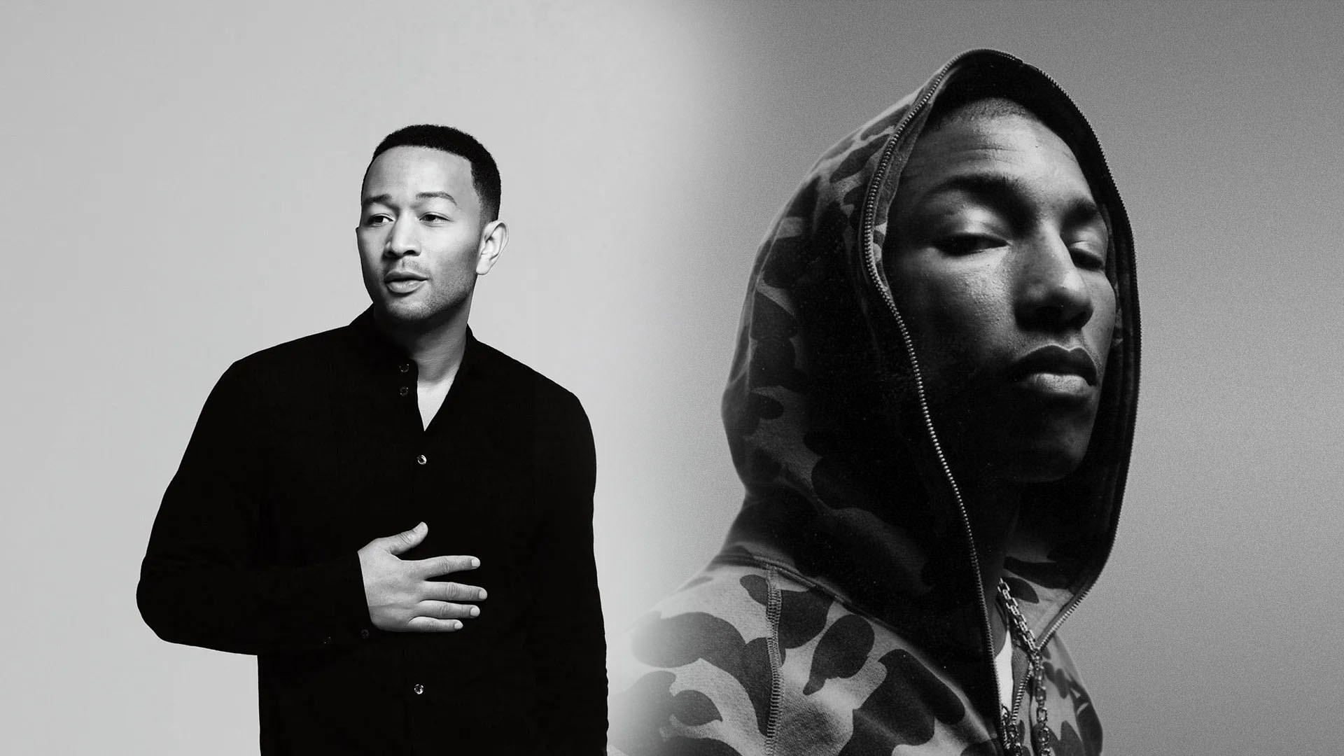 John Legend in black shirt on left; Pharrell in black hoodie on right against gray background.