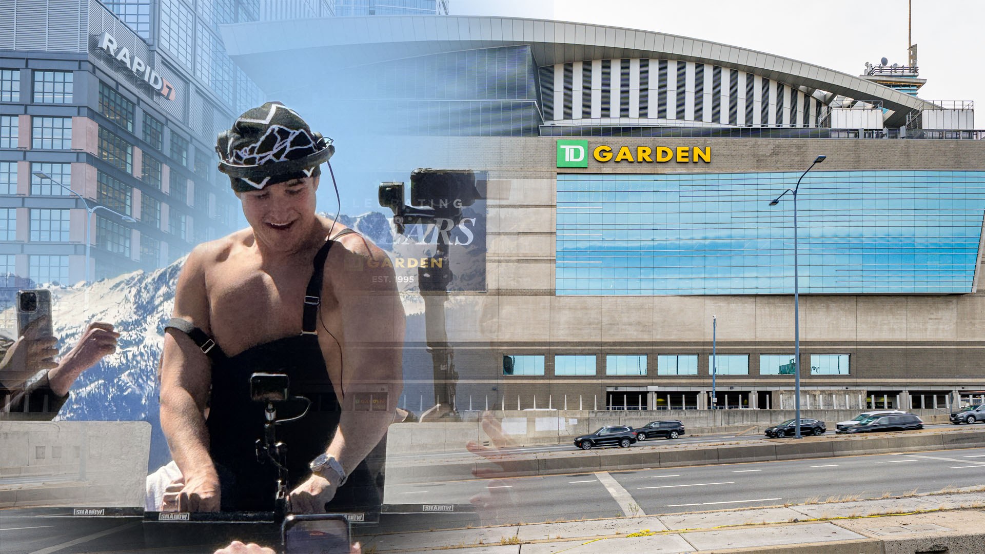 Un homme torse nu, casquette à motifs, sourit derrière une table de DJ devant la façade du TD Garden et une rue de Boston.