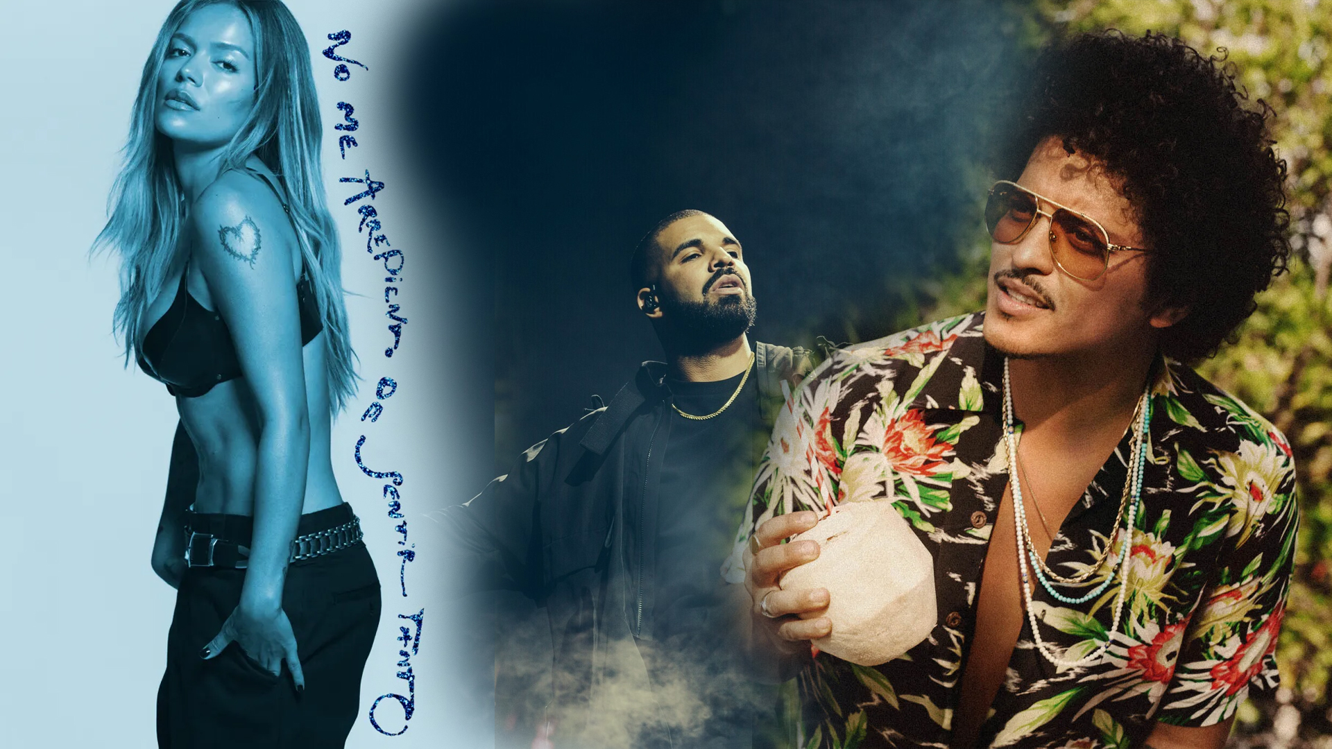 Karol Gのアルバム「No Me Arrepiento de Sentir Tanto」のジャケットとDrake、Bruno Mars