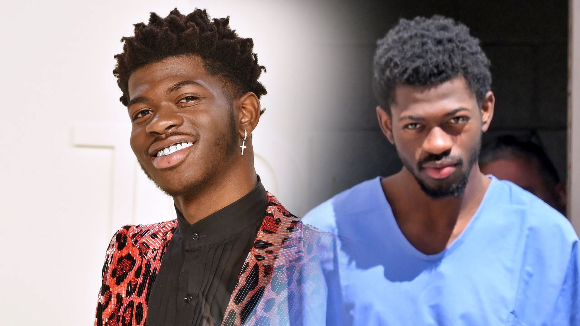 Lil Nas X souriant dans une veste rouge à motifs et une chemise noire, et Lil Nas X en chemise bleue après sa sortie de prison.