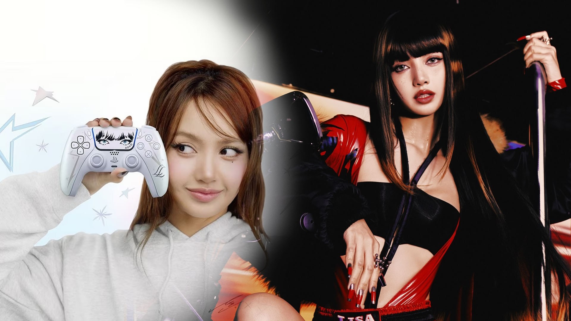 Split shot: LISA in a grey hoodie holds a white PlayStation controller beside LISA in black and red gripping a pole.