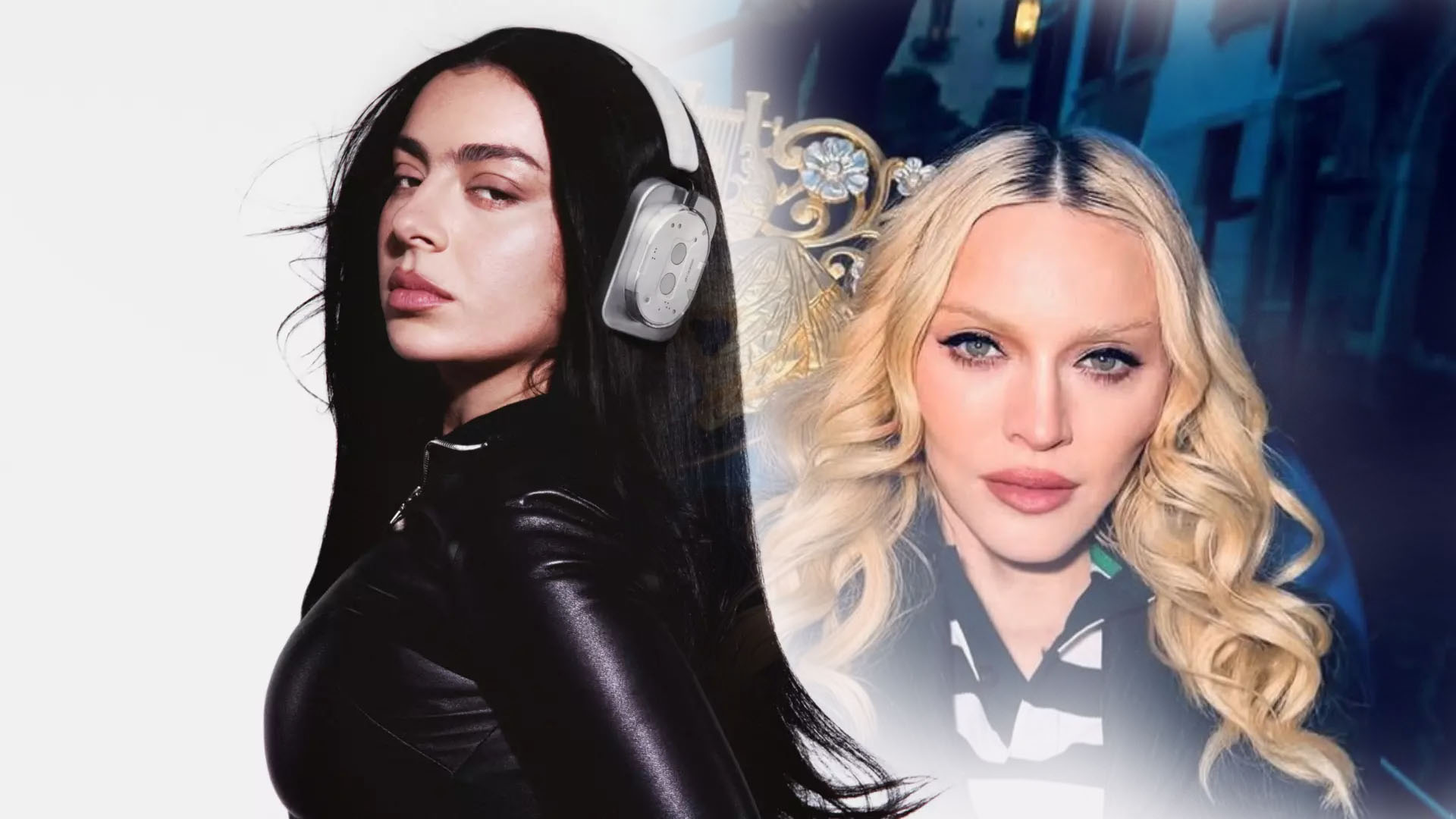 Charli XCX con cuero negro y auriculares blancos junto a Madonna con largas ondas rubias
