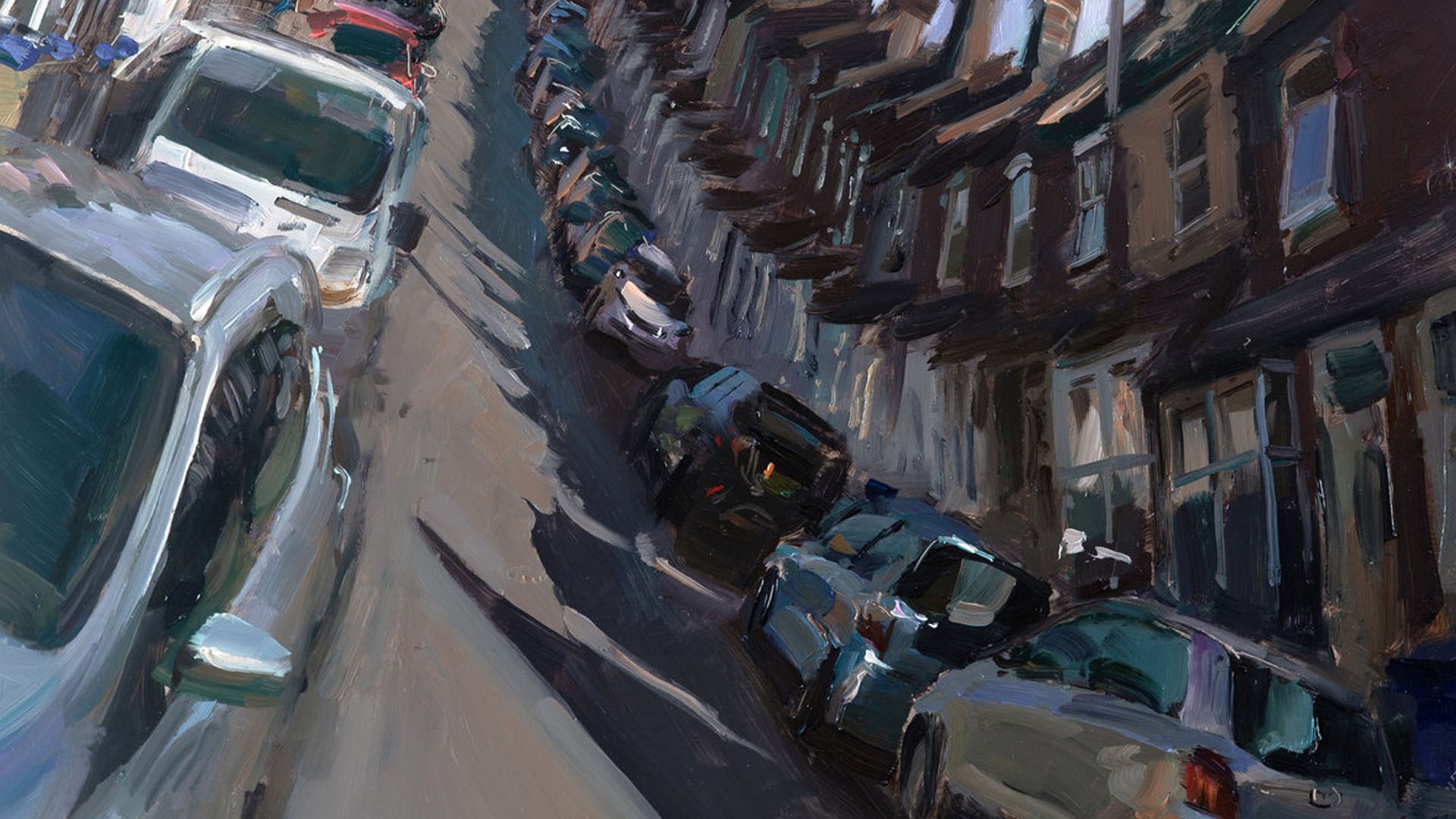 Peinture d'une rue étroite de ville, bordée de voitures garées des deux côtés, avec une voiture blanche au premier plan à gauche, une voiture bleu sarcelle foncé au milieu et une rangée de maisons mitoyennes en briques à droite.