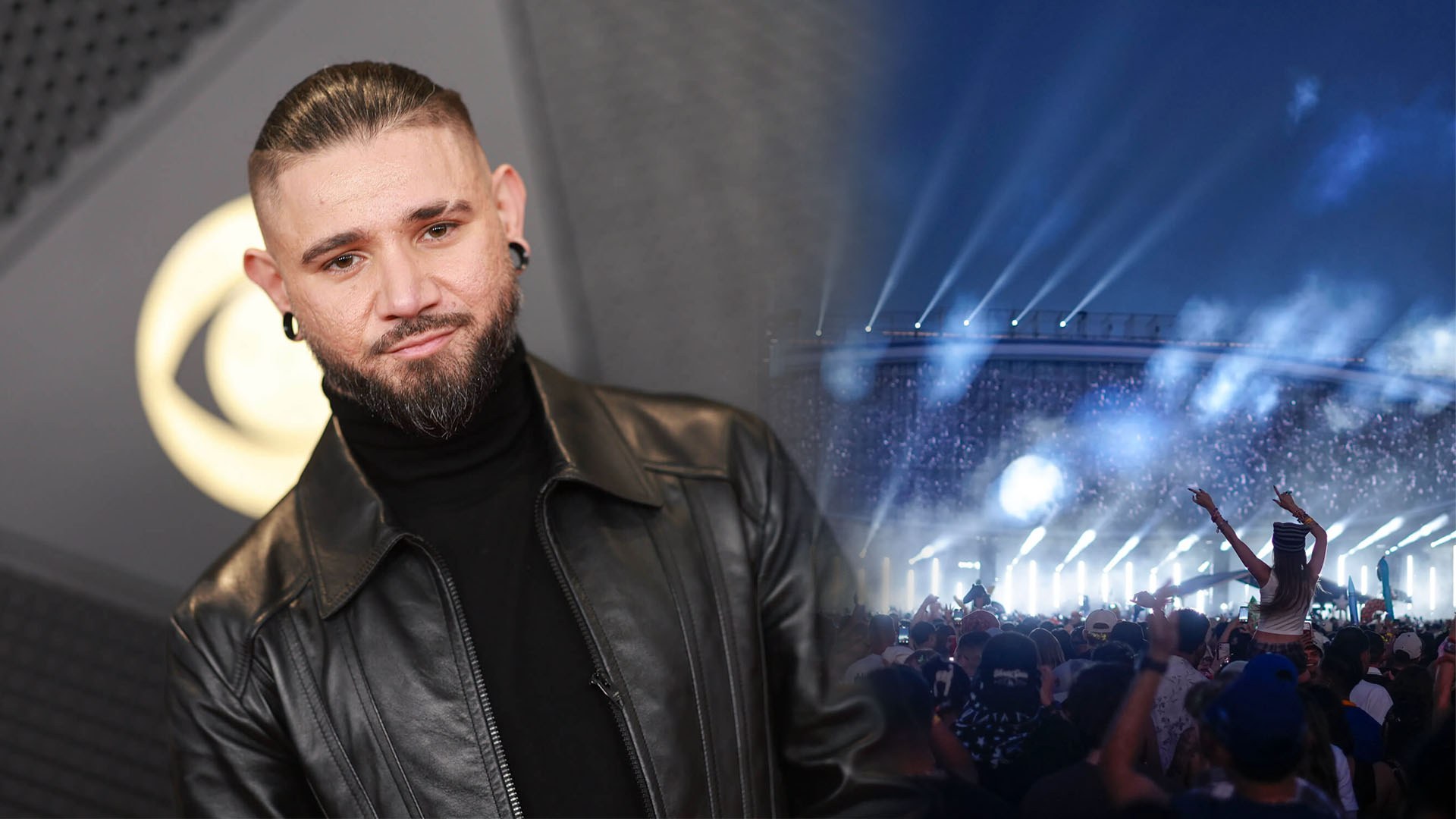 Skrillex wearing a black leather jacket beside a concert venue packed with fans and vibrant stage lighting.