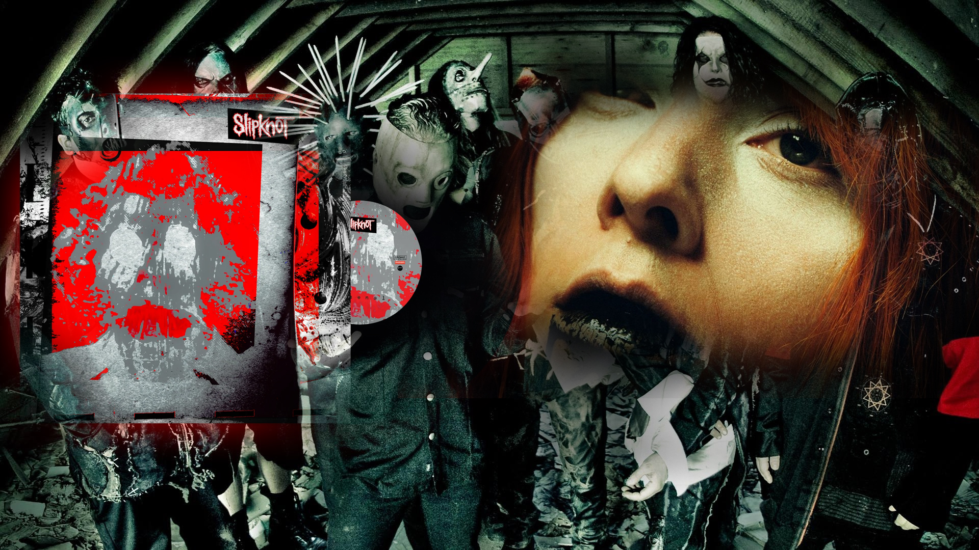 Pochette collage pour le single "Arsenal" de Slipknot, mêlant la pochette rouge et grise du disque à un gros plan d'un membre masqué du groupe, avec le reste de Slipknot masqué en arrière-plan