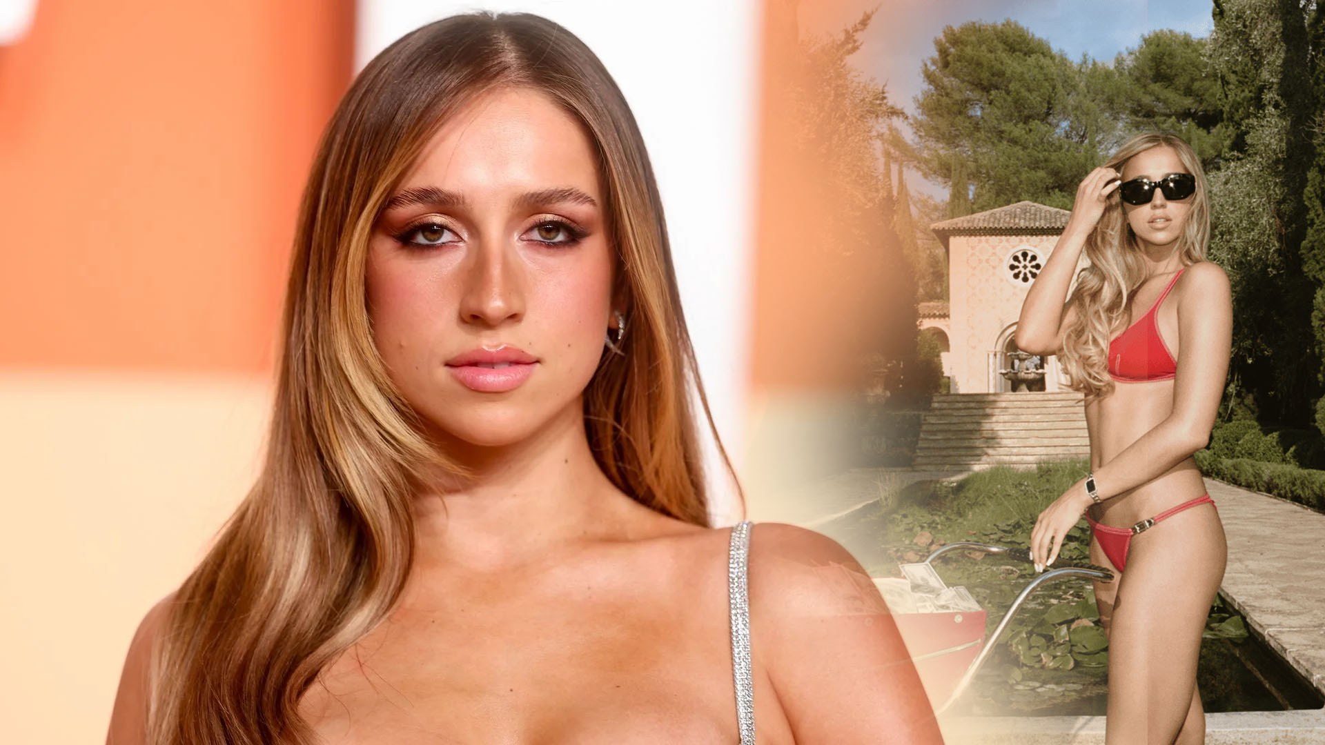 Tate McRae in a red bikini against warm tones, with a second shot of her by a Mediterranean villa.