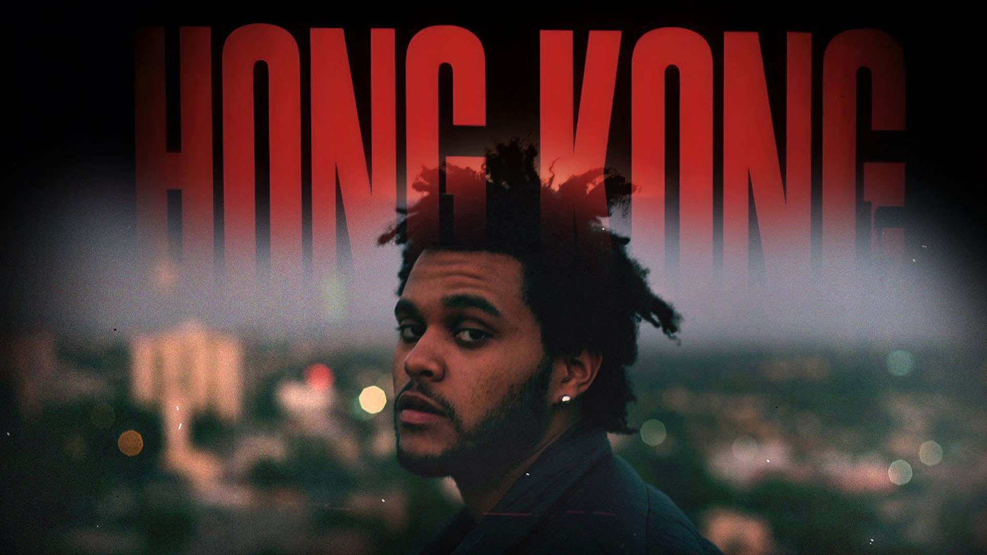 The Weeknd with tousled curly hair glances over his shoulder against a blurred city at dusk under red "HONG KONG" lettering.