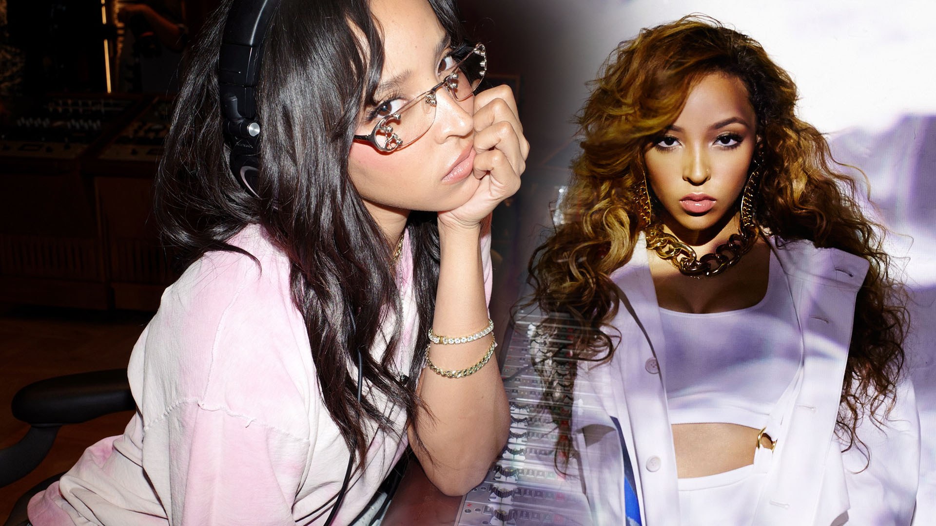 Tinashe lleva gafas de sol y chaqueta rosa en poses pensativas que mezclan lo espontáneo con lo escenificado.