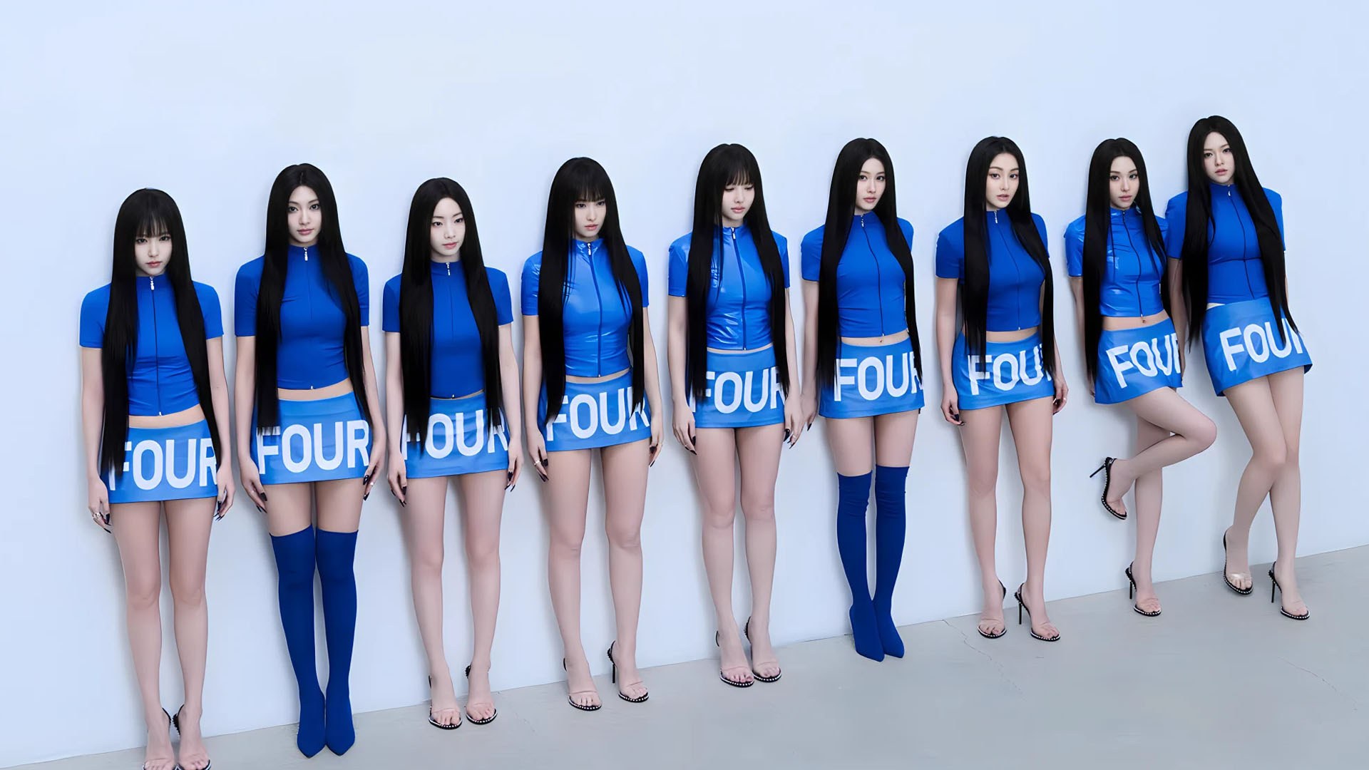 Les membres de TWICE alignées en crop tops et jupes bleus assortis avec le texte "FOU" et divers accessoires bleus sur fond blanc.