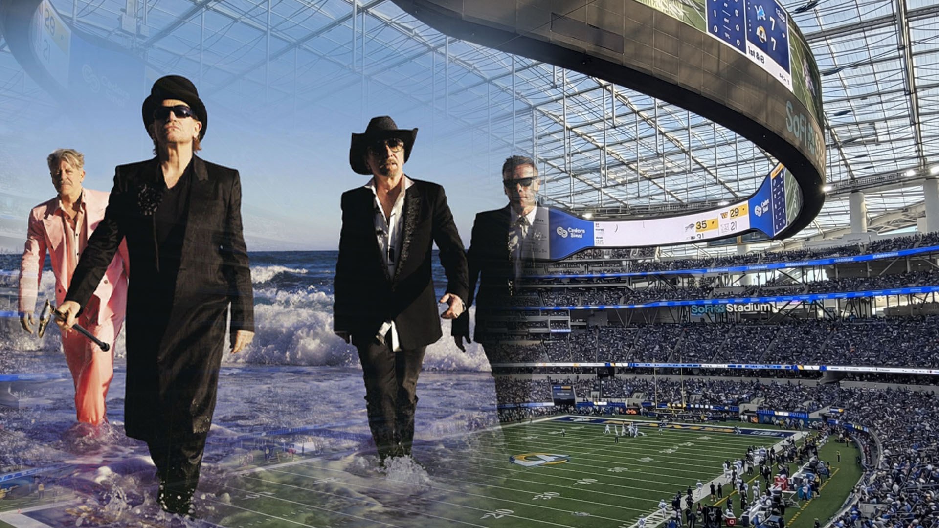 U2, con trajes oscuros y sombreros, y uno con traje rosa, cruzan el oleaje sobre el campo de fútbol americano del SoFI stadium.