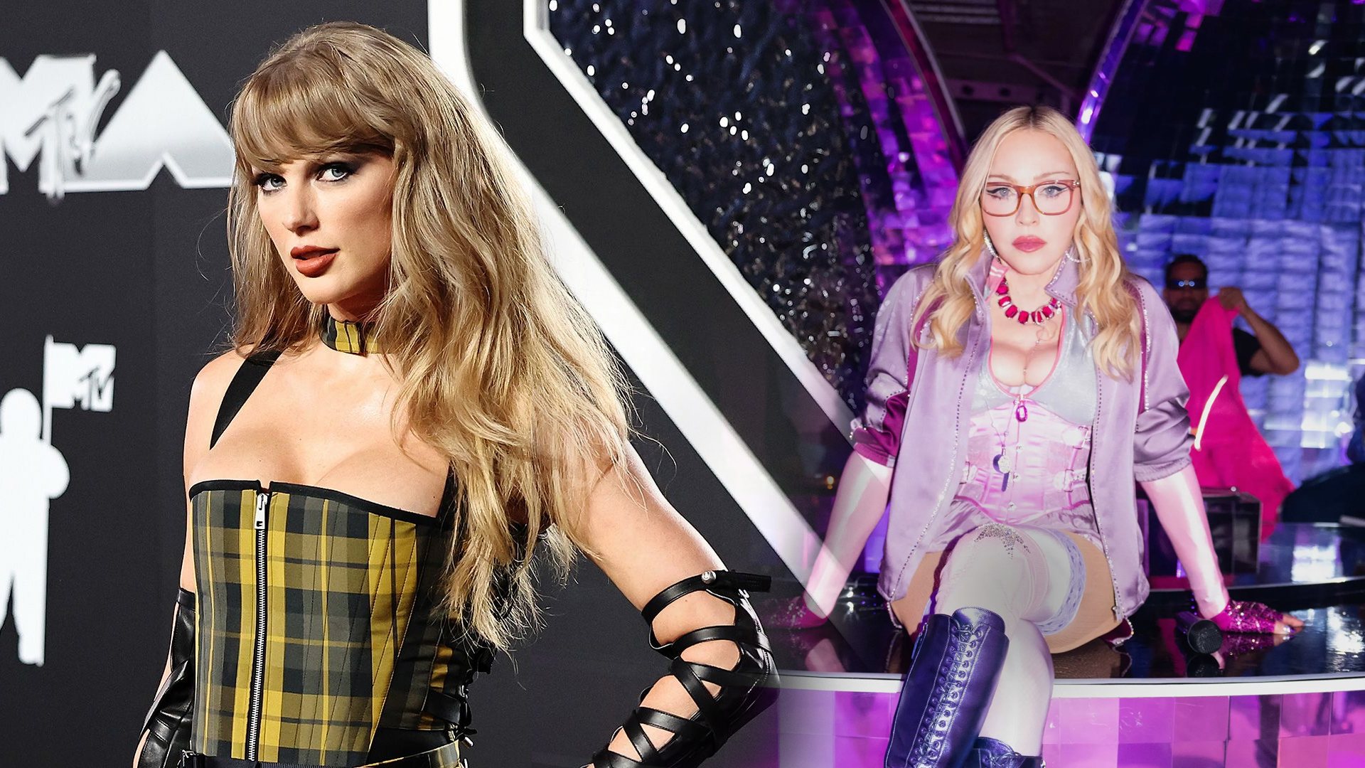 Image divisée montrant Taylor Swift en corset à carreaux jaune sur le tapis rouge des MTV VMAs et Madonna en veste lilas et lunettes, assise sur une scène violette