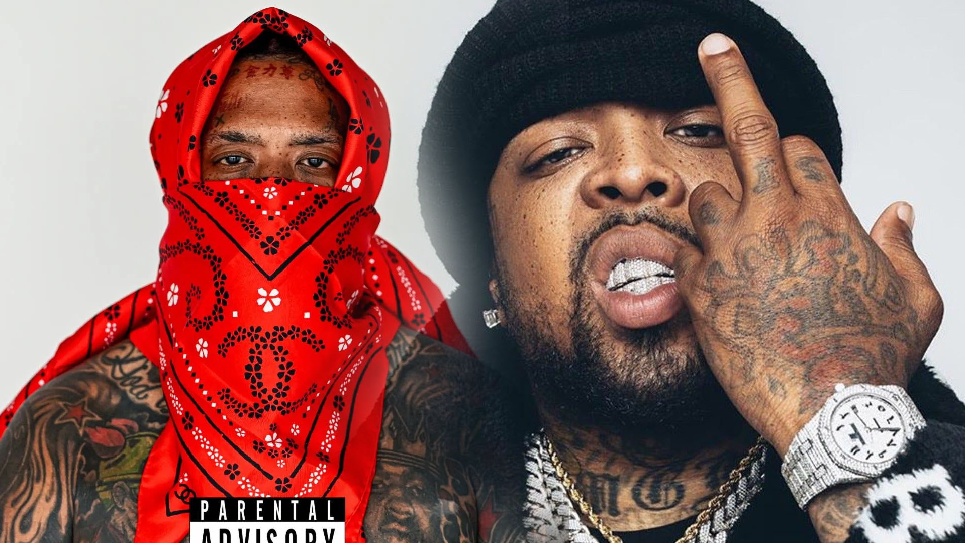 Westside Gunn en deux images côte à côte : l'une avec un bandana paisley rouge sur le visage, l'autre avec un bonnet noir et un doigt d'honneur.