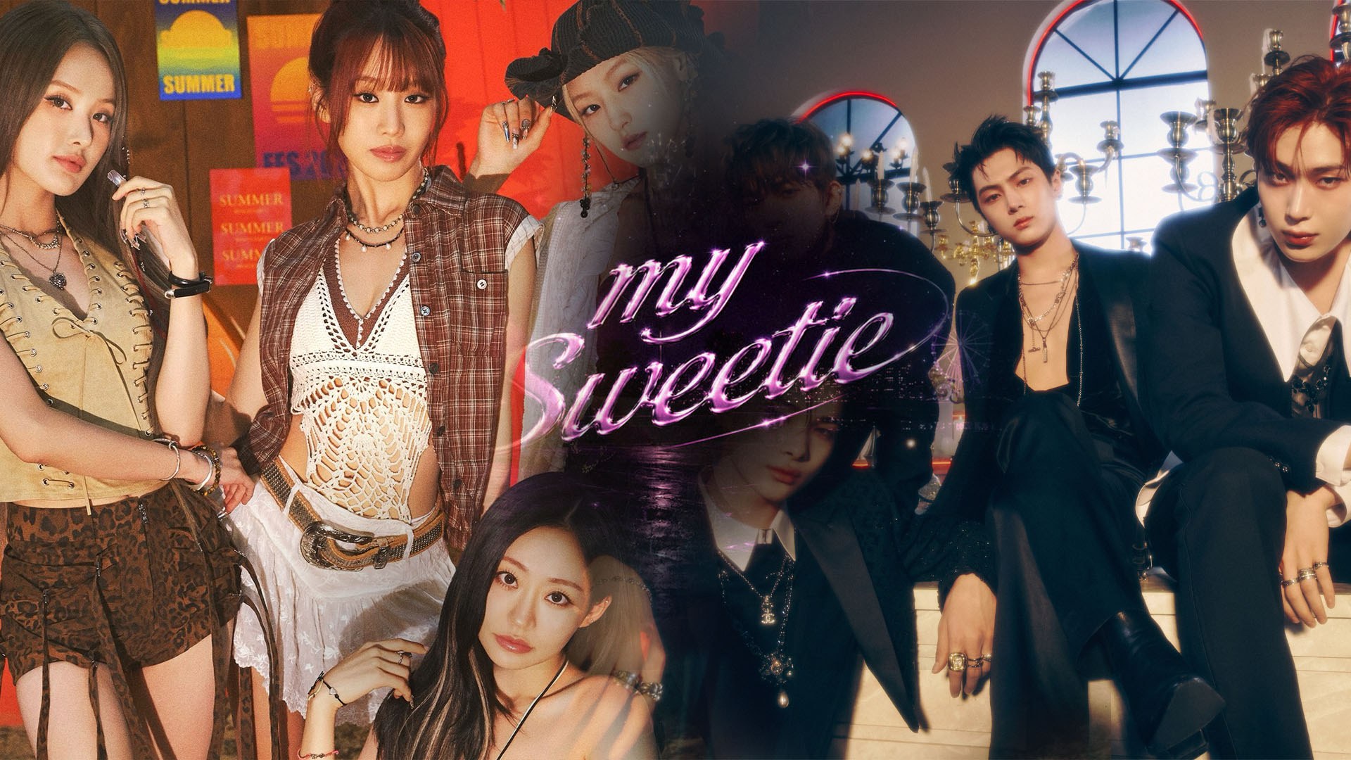 Collage of performers in streetwear and black suits flanking glossy pink 'my Sweetie' script text on a dark background.