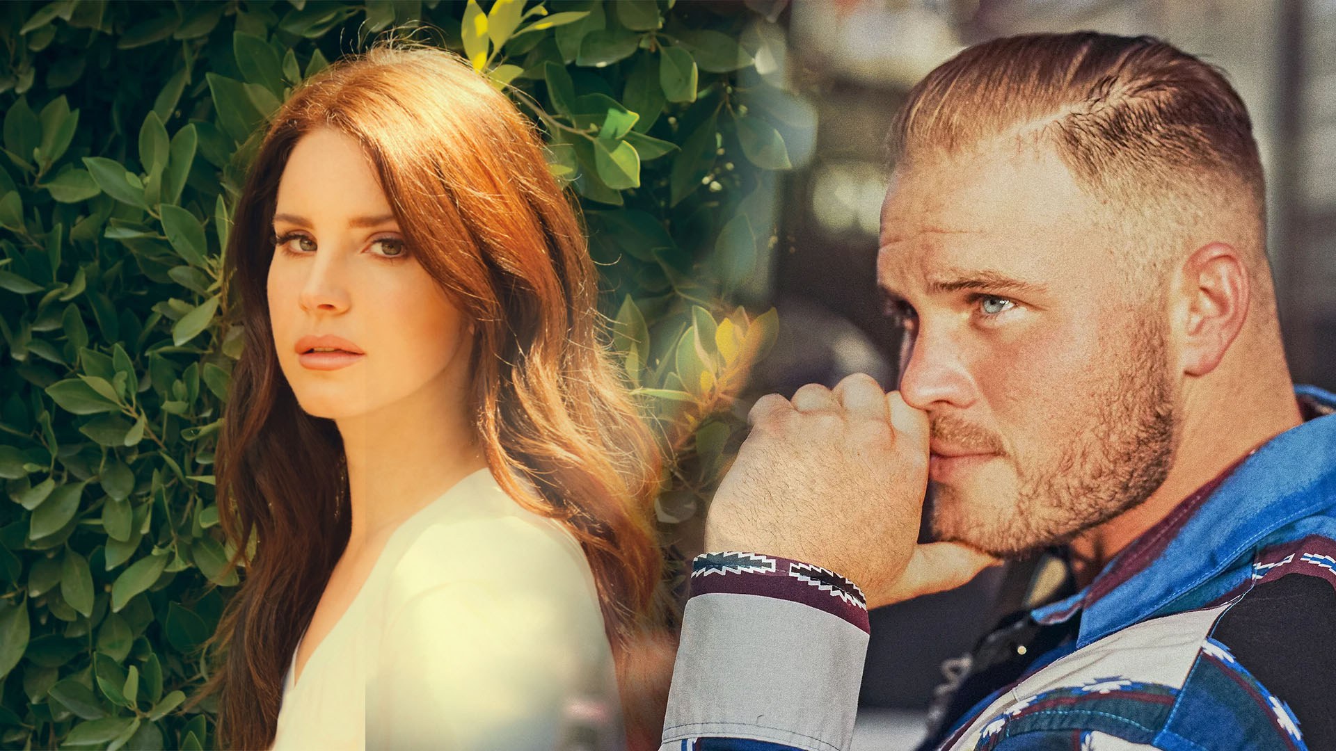 Lana Del Rey in a white top before green leaves, next to Zach Bryan in a blue patterned shirt, hand at his chin.